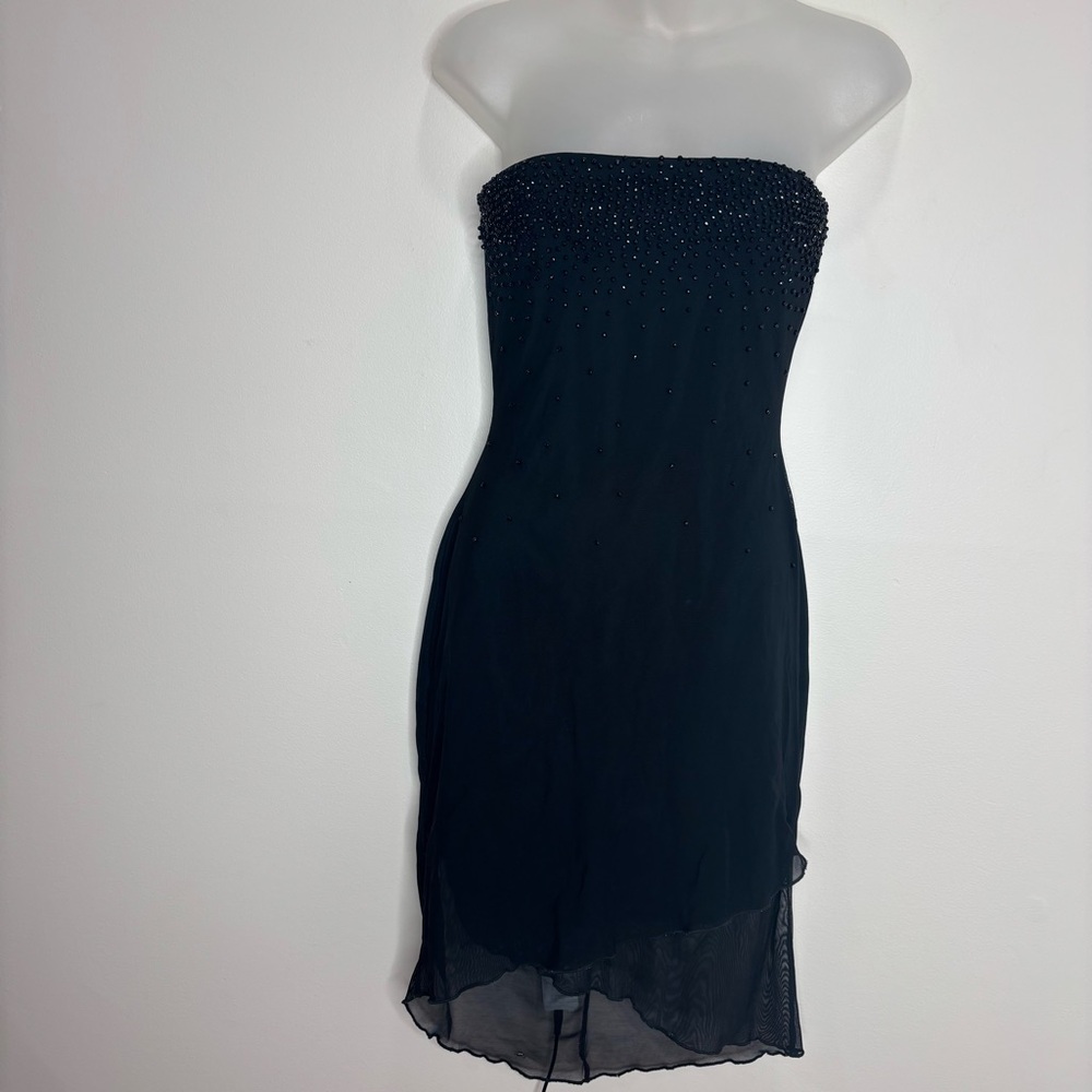 Vintage 90s Y2K Black Strapless Dress mini Beaded Detail size small stretch